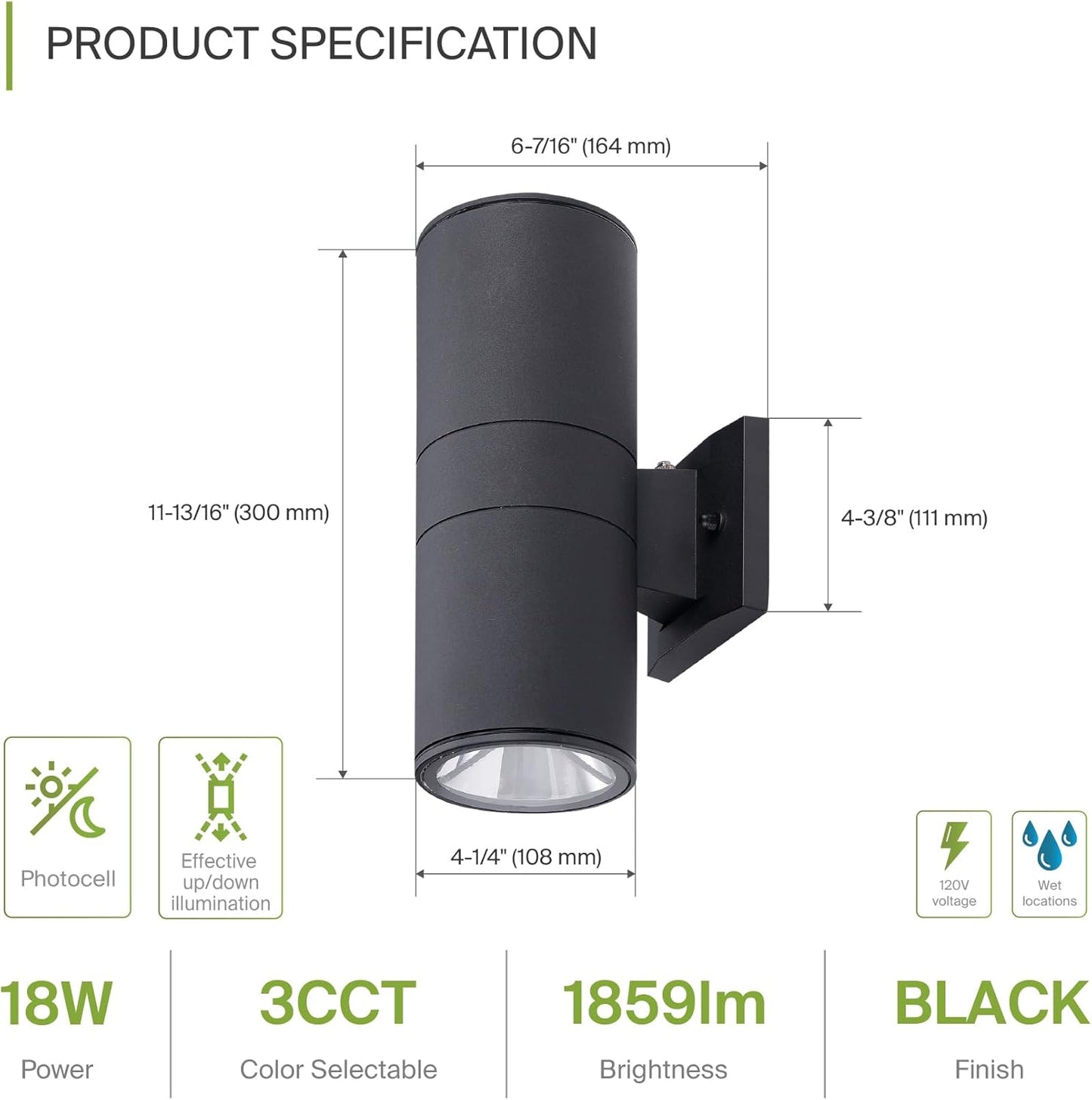ASD Lighting LED Outdoor Wall Cylinder Round Up and Down 18W 120V 3000/4000/5000K with Photocell Black ETL