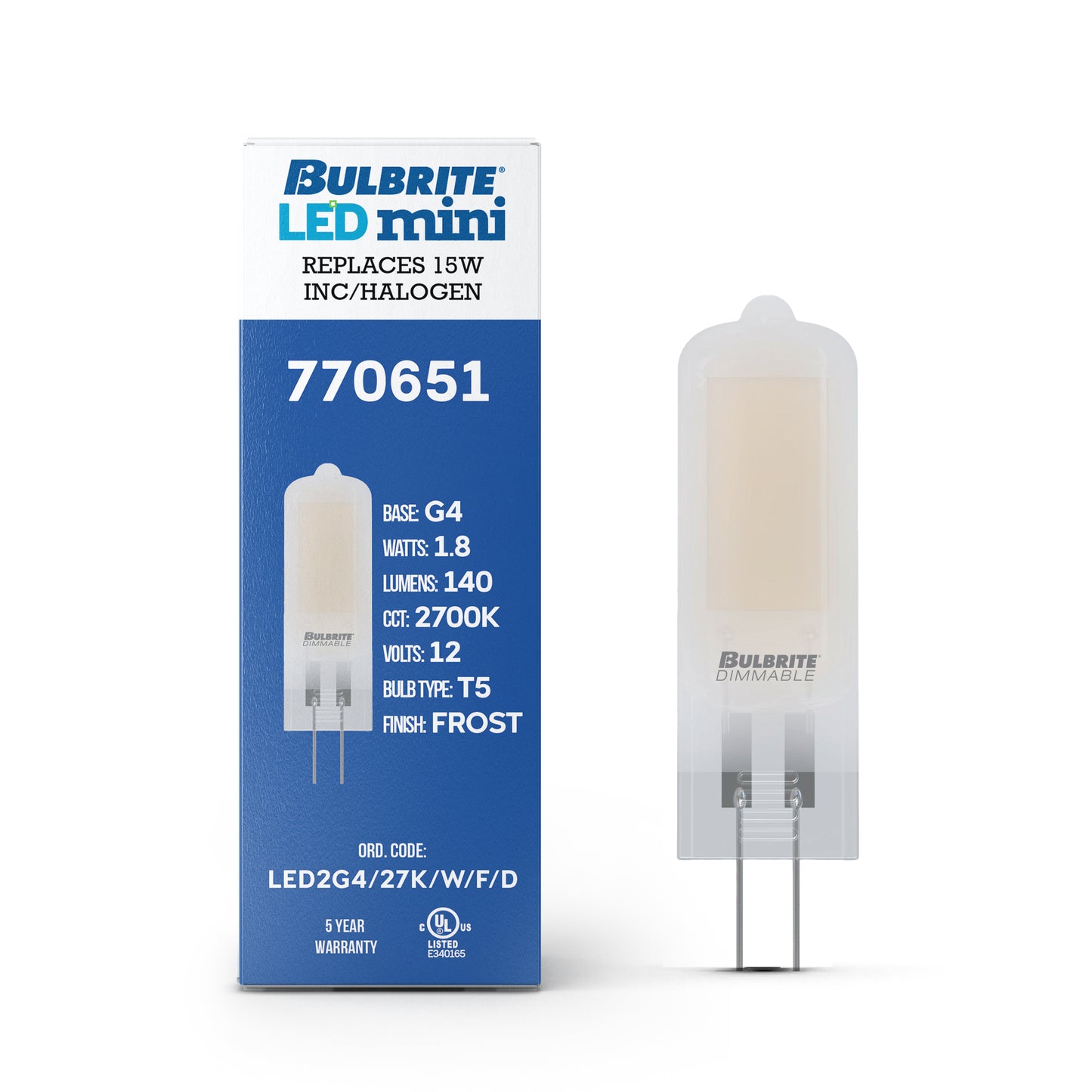 Bulbrite 862039 LED Filament Pack of (4) 1.8 Watt Dimmable T5 Light Bulb with Frost Glass Finish and (G4) Base - 2700K (Warm White Light), 140 Lumens