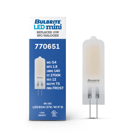 Bulbrite 862039 LED Filament Pack of (4) 1.8 Watt Dimmable T5 Light Bulb with Frost Glass Finish and (G4) Base - 2700K (Warm White Light), 140 Lumens