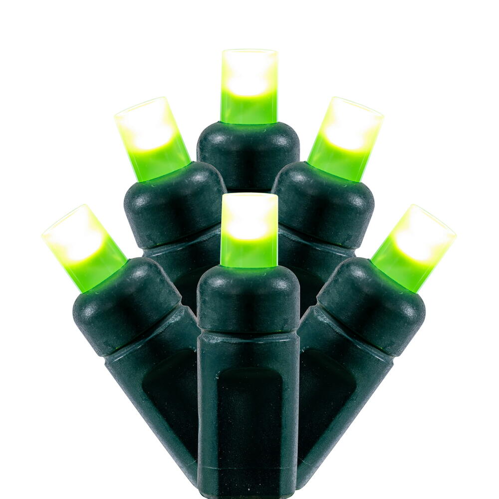 Vickerman 50 Frosted Lime Wide Angle Single Mold End-Connecting LED Light Set with 22 Gauge Green Wire, 3"x 6"x 3" Spacing, 25' Long Christmas Light Strand. This light set has the ability to connect to as many as 45 sets. 4.8 watts, .04 Amps. Color Header