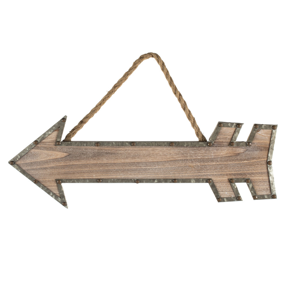Vickerman 22" Rustic Arrow with Rope Hanger. This arrow features a wood body with a metal edge and a jute rope hanger. This arrow is the perfect wall decor that can incorporate into modern and rustic decor. It measures 22" L x 6.75" H x 0.25" W.   70% WOO