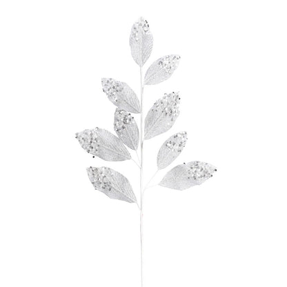 Vickerman 29" White Glitter Leaf Artificial Christmas Spray. Includes 6 sprays per pack.