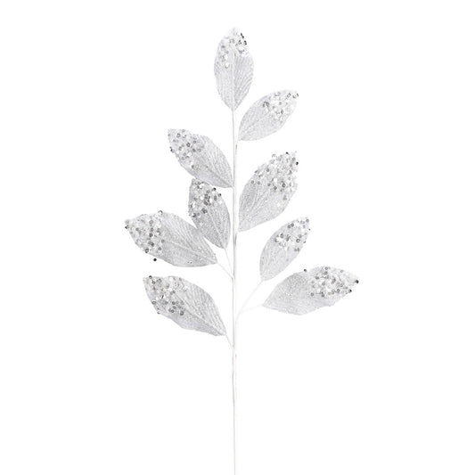 Vickerman 29" White Glitter Leaf Artificial Christmas Spray. Includes 6 sprays per pack.