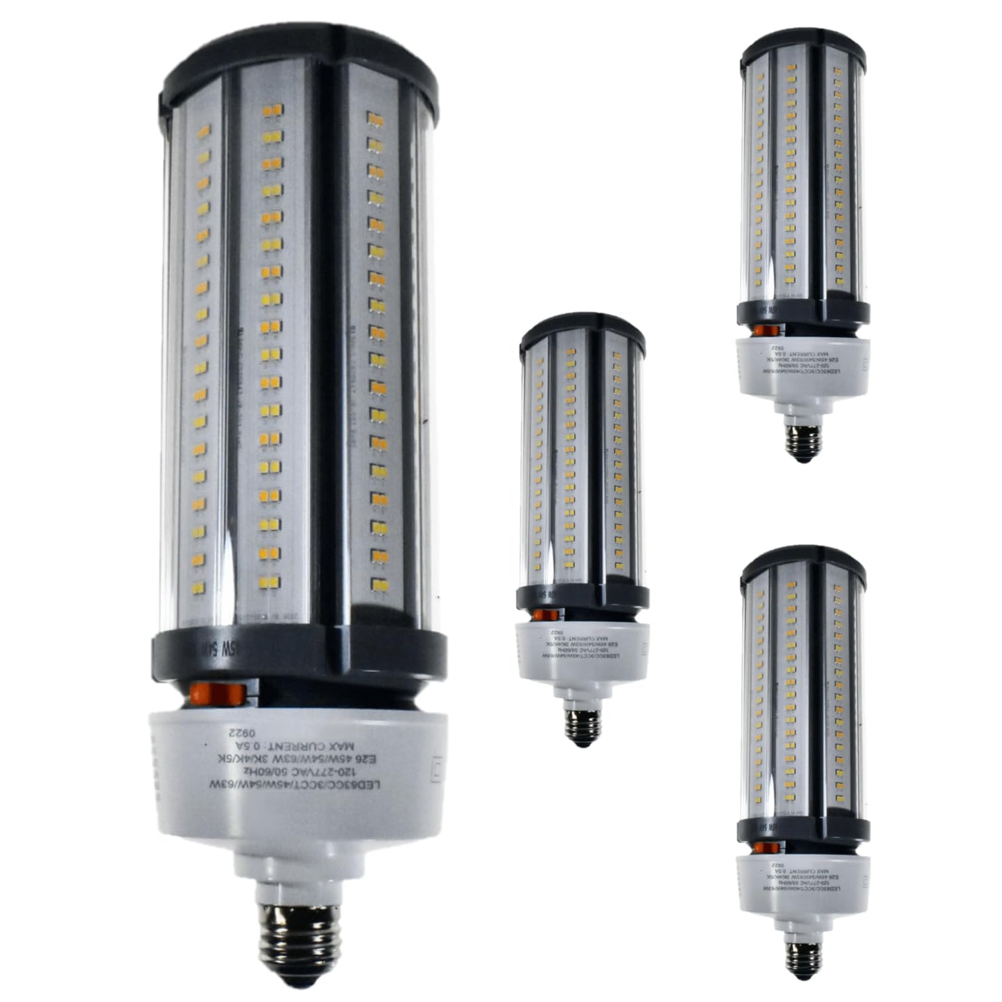 Damar- LED Corn Cob Post Top Bright Light Bulb Type B Ballast Bypass 45W/54W/63W E26 Medium Base 30K/40K/50K Color Selectable 6300/7560/8820 Lumen Dimmable 120-277VAC Pack of 4- For Warehouse Garage