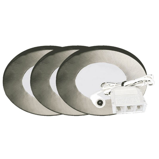 Westgate 12V 3-Pack Kit Slim Puck Light, ETL, 3000K, Brushed Nickel, Undercabinet Lighting, 2W, 120 Lumens, 3000K, Brushed Nickel Finish, TRIAC Dimming