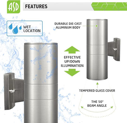 ASD Lighting LED Round Outdoor Wall Cylinder Up and Down 18W 5000K Stainless Steel cETLus