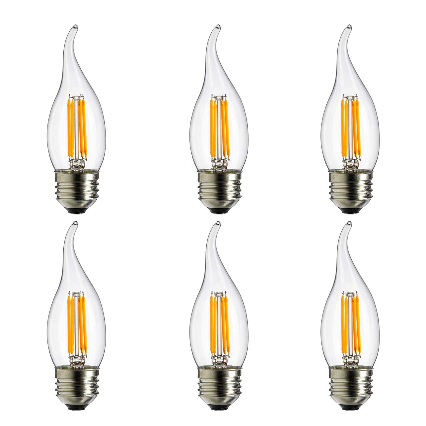 Sunlite 80449 LED Filament CA11 Flame Tip Chandelier Light Bulb, 4 Watts (40W Equivalent), Medium E26 Base, Dimmable, Edison Style, 6 Pack 1800K Candle-Light