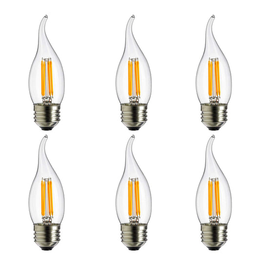 Sunlite 80449 LED Filament CA11 Flame Tip Chandelier Light Bulb, 4 Watts (40W Equivalent), Medium E26 Base, Dimmable, Edison Style, 6 Pack 1800K Candle-Light