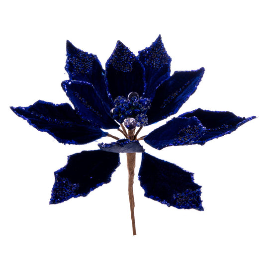 Vickerman 9" Artificial Midnight Blue Double Sided Velvet Poinsettia Christmas Pick 2 per bag