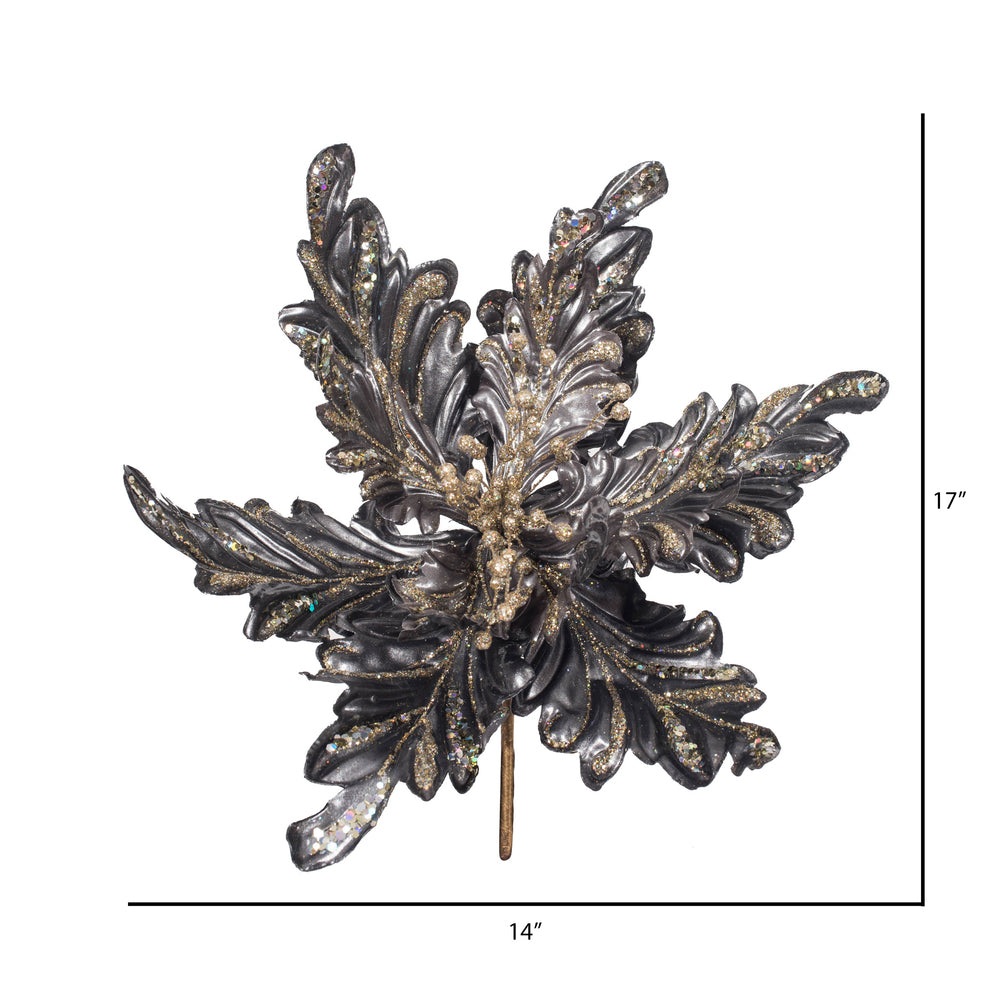 Vickerman 17" Pewter Pearl Glitter Poinsettia Artificial Christmas Stem 3 per Bag