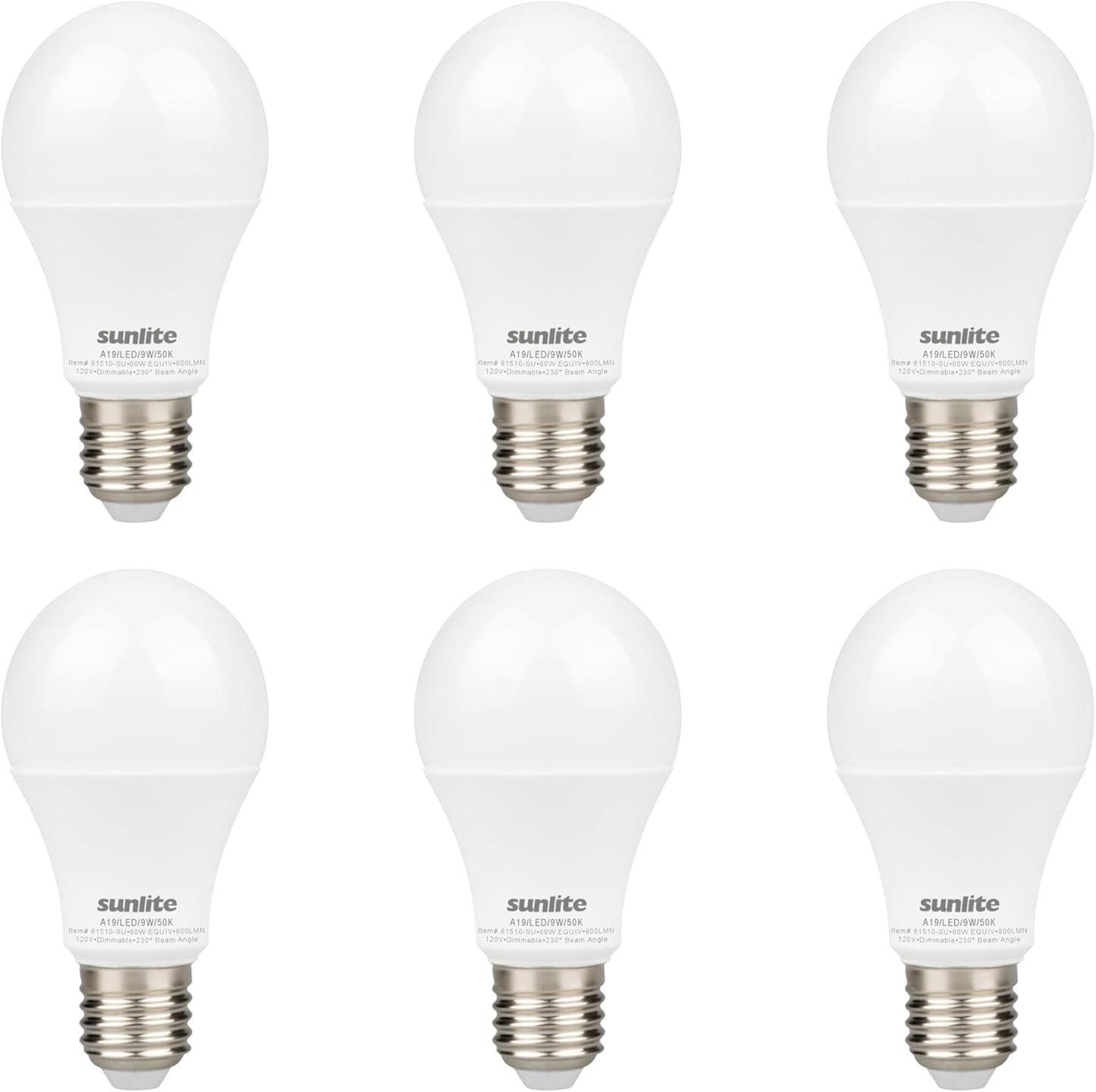 Sunlite LED A19 Light Bulb, 9 Watts (60W Equivalent), 800 Lumens, 120V, Dimmable, Medium E26 Base, Energy Star, 90 CRI, 230 Degree Beam Angle, UL Listed, Title-20 Compliant, 5000K Daylight, 6 Pack