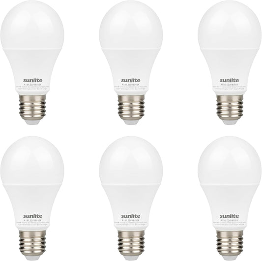 Sunlite LED A19 Light Bulb, 9 Watts (60W Equivalent), 800 Lumens, 120V, Dimmable, Medium E26 Base, Energy Star, 90 CRI, 230 Degree Beam Angle, UL Listed, Title-20 Compliant, 5000K Daylight, 6 Pack