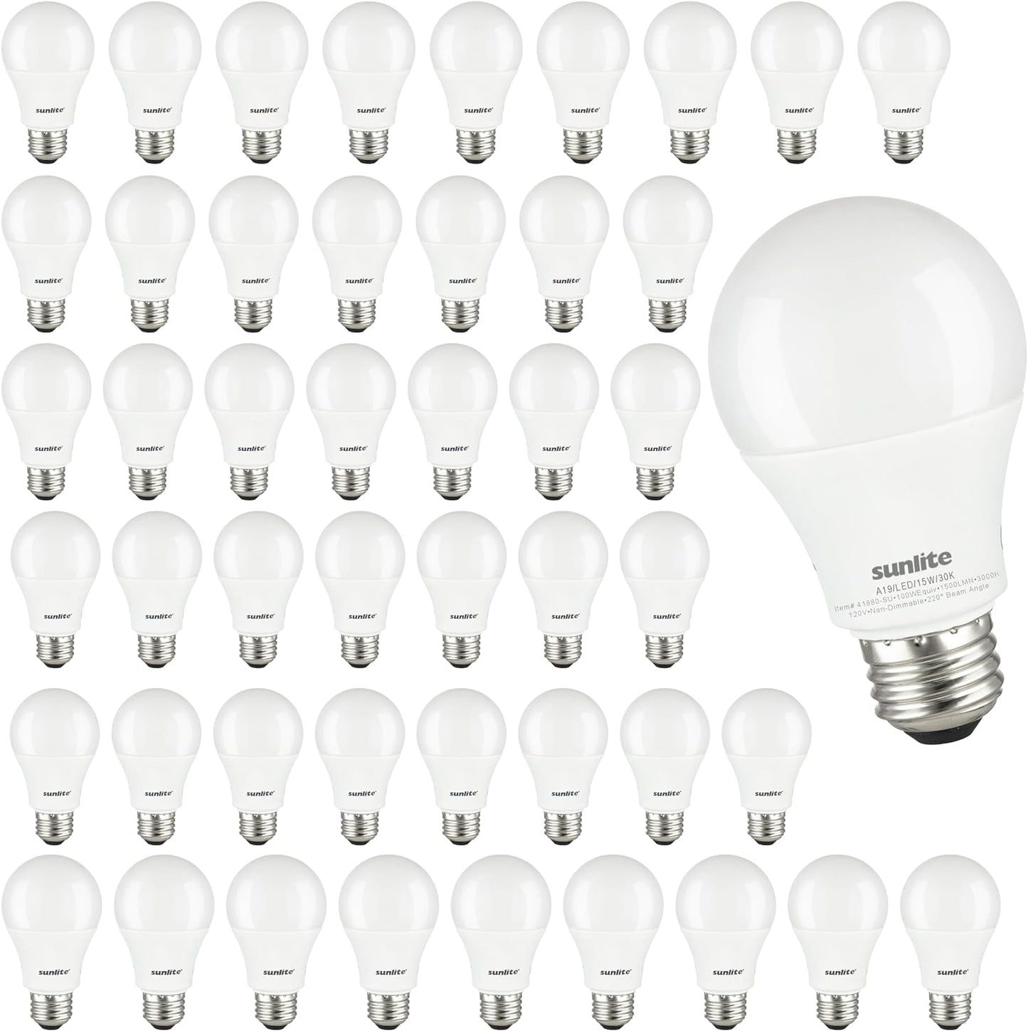 Sunlite LED Household A19 Light Bulb, 15 Watts (100W Equivalent), 1500 Lumens, 120 Volts, Non-Dimmable, Medium E26 Base, RoHS, ETL Listed, 3000K Warm White, 48 Pack