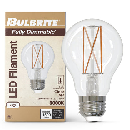 Bulbrite 862073 LED Filament Pack of (4) 14 Watt Dimmable A19 Light Bulb with Clear Glass Finish and Medium (E26) Base - 5000K (Soft Daylight Light), 1500 Lumens
