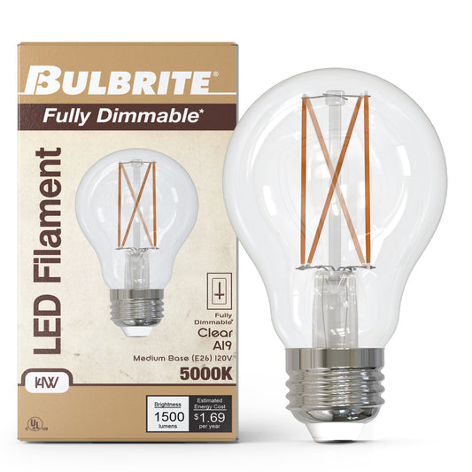 Bulbrite 862073 LED Filament Pack of (4) 14 Watt Dimmable A19 Light Bulb with Clear Glass Finish and Medium (E26) Base - 5000K (Soft Daylight Light), 1500 Lumens