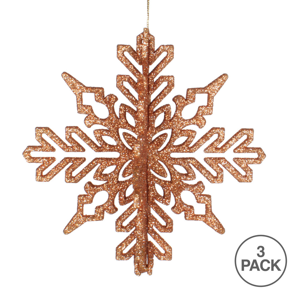 Vickerman 6" Rose Gold 3D Glitter Snowflake Christmas Ornament Set of 3