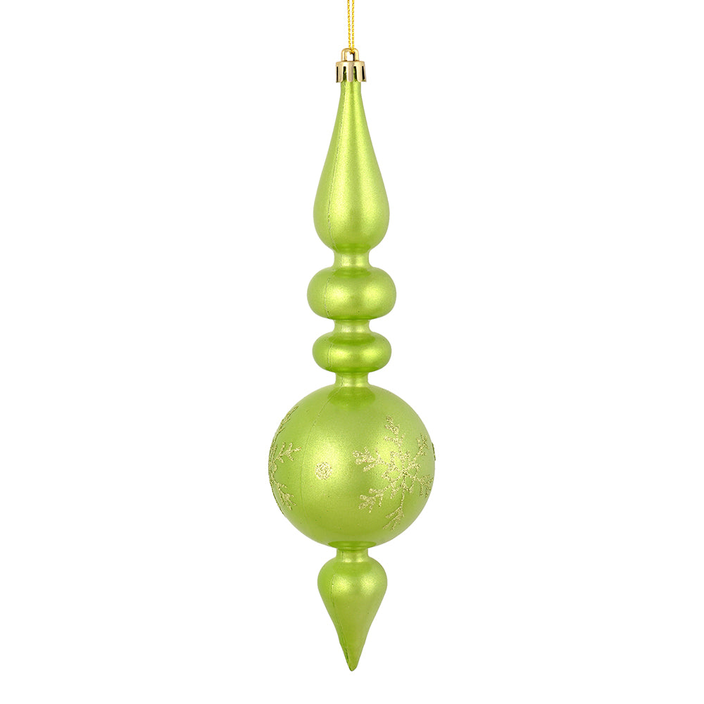 Vickerman 10 by 2.4" Celadon Candy Glitter Snowflake Finial 4/Bag. Add some sparkle and shine to your holiday decorating projects with this 10 inch finial ornament. Made with shatterproof plastic. Ornament has a drilled cap secured with green floral wire.