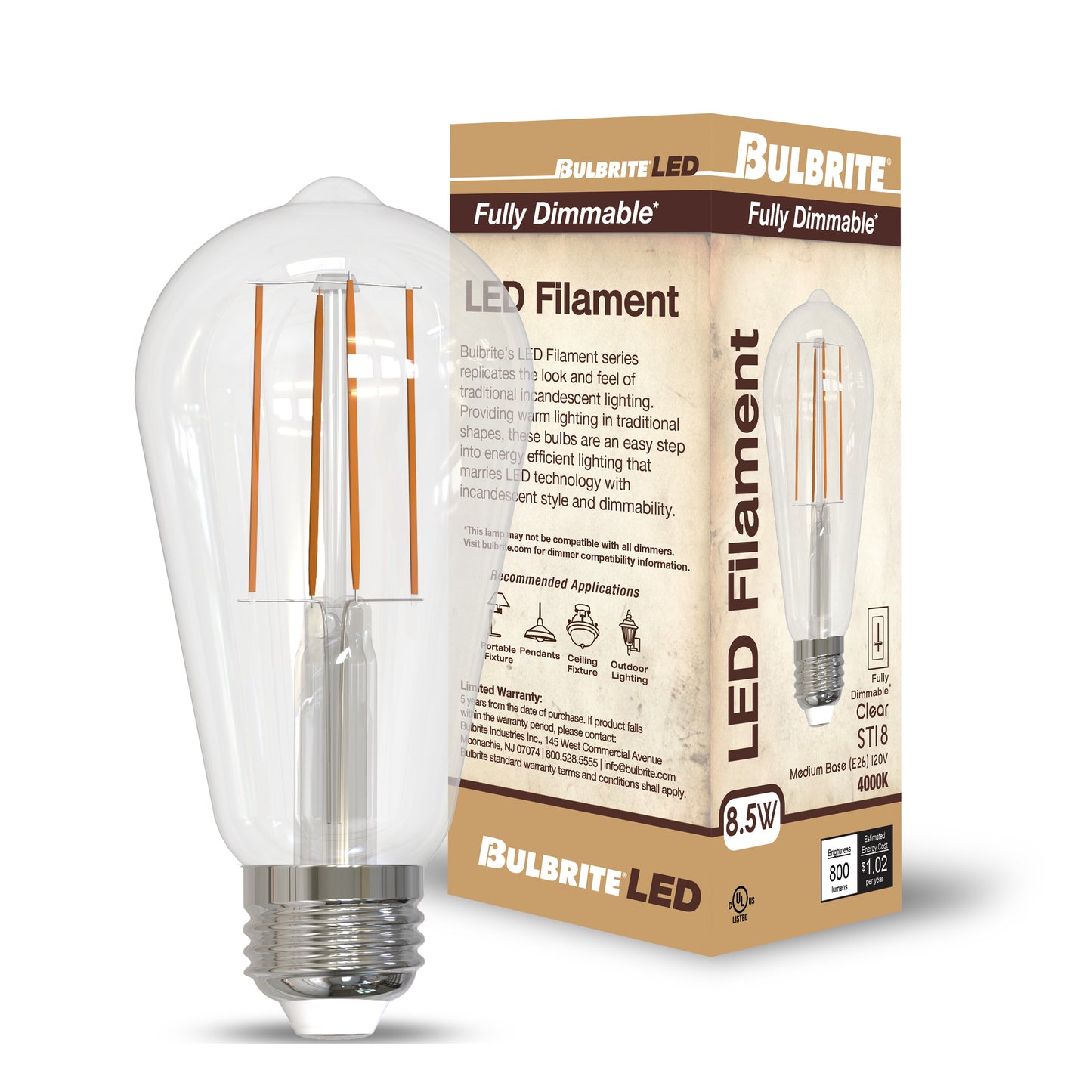 Bulbrite 776935 8.5W LED ST18 4000K FILAMENT FULLY COMPATIBLE DIMMING JA8