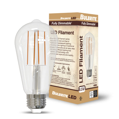 Bulbrite 776935 8.5W LED ST18 4000K FILAMENT FULLY COMPATIBLE DIMMING JA8