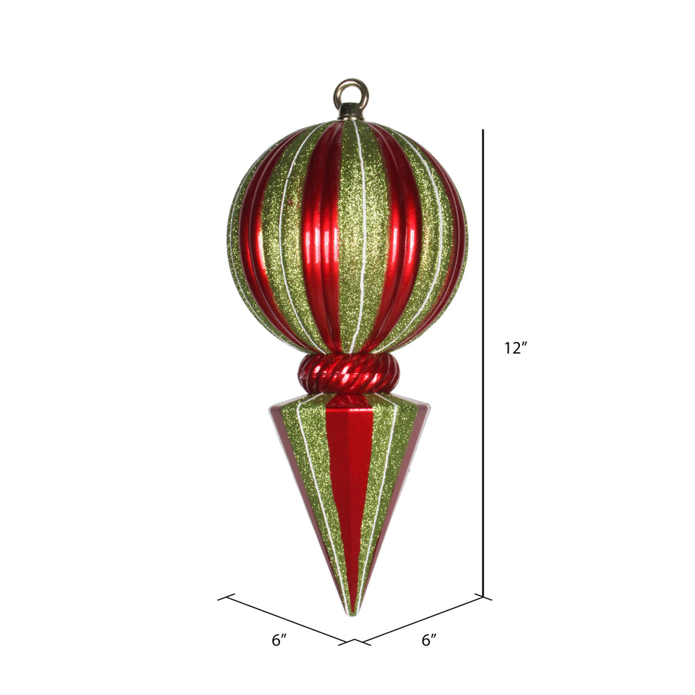 Vickerman 12" Red and Lime Striped Shiny Ball Finial Ornament with Glitter Accents