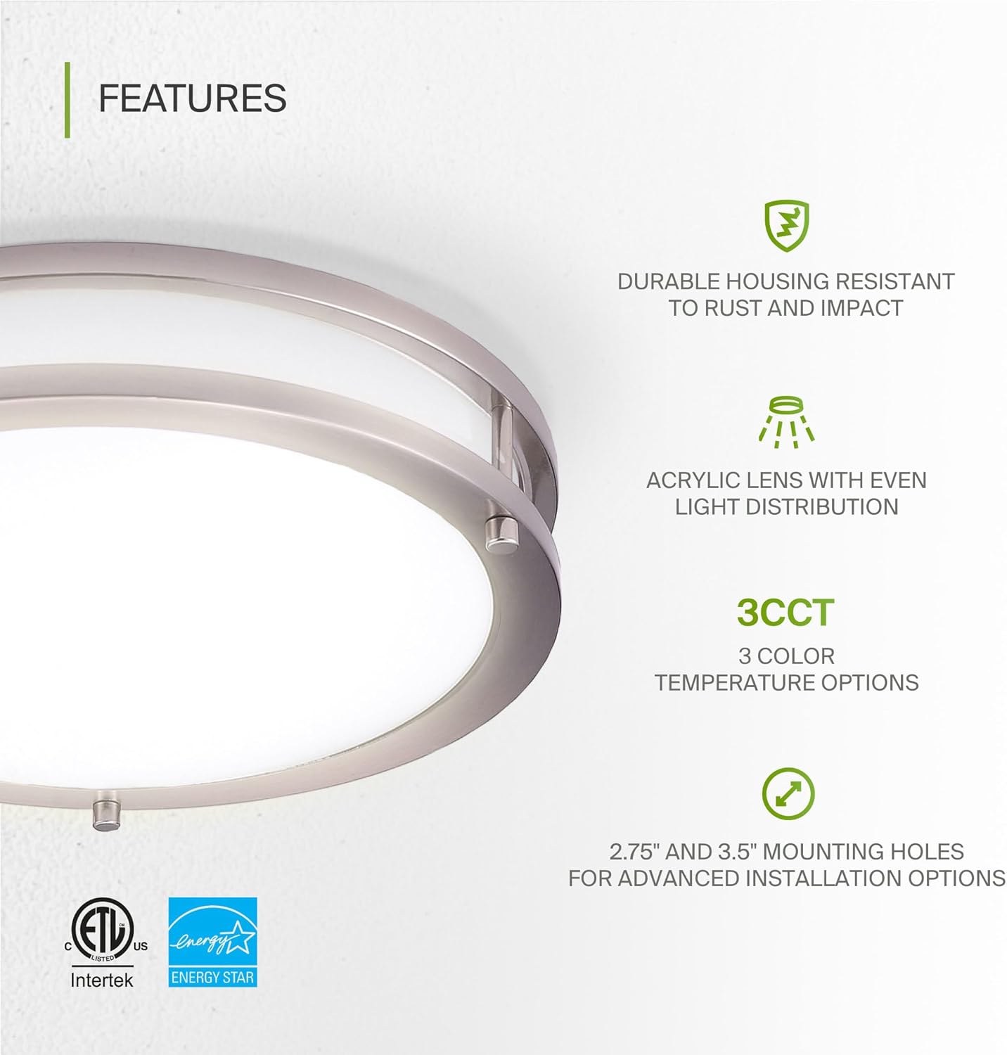 ASD Lighting LED Double Ring Flushmount 10inch 16W 120V Triac 3000/4000/5000K Nickel ETL/4000/5000K Dimmable Brushed Nickel ETL Energy Star