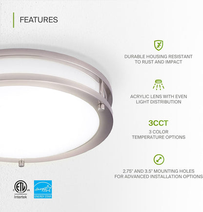 ASD Lighting LED Double Ring Flushmount 10inch 16W 120V Triac 3000/4000/5000K Nickel ETL/4000/5000K Dimmable Brushed Nickel ETL Energy Star