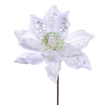 Vickerman 15" Artificial White Deluxe Magnolia Christmas Stem 8" Flower 6 per bag