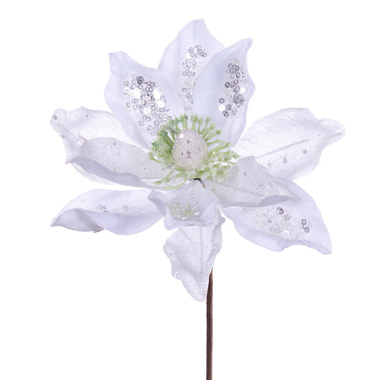 Vickerman 15" Artificial White Deluxe Magnolia Christmas Stem 8" Flower 6 per bag