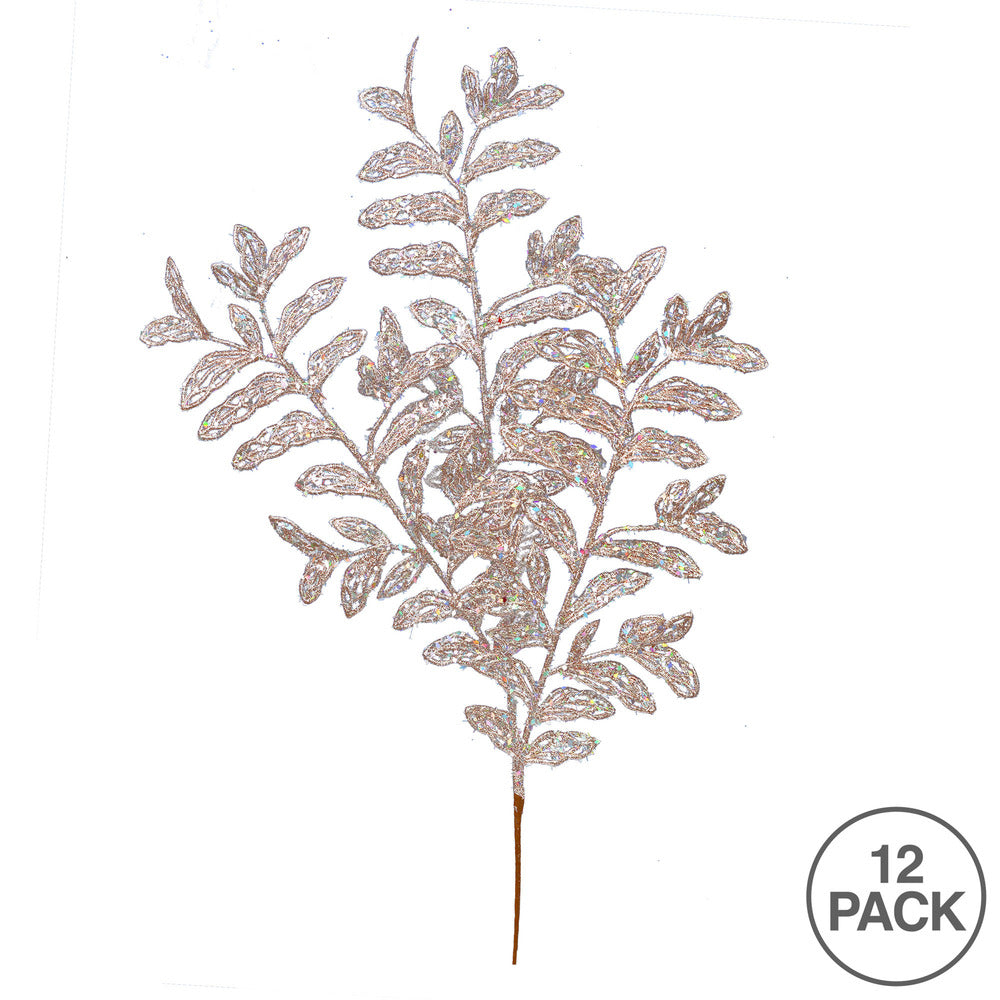 Vickerman 22" Rose Gold Bipinnate Glitter Leaf Artificial Christmas Spray. Includes 12 sprays per pack.