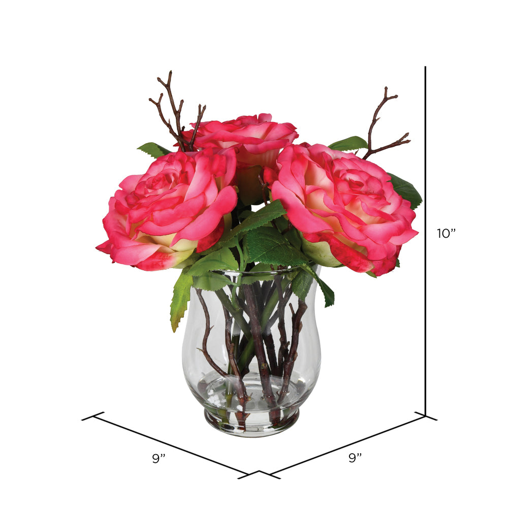 Vickerman 10" Artificial Dark Pink Rose In Glass Vase.