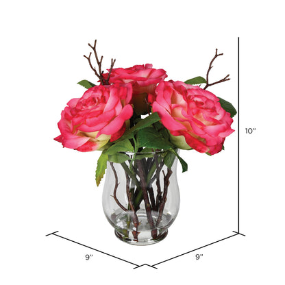 Vickerman 10" Artificial Dark Pink Rose In Glass Vase.