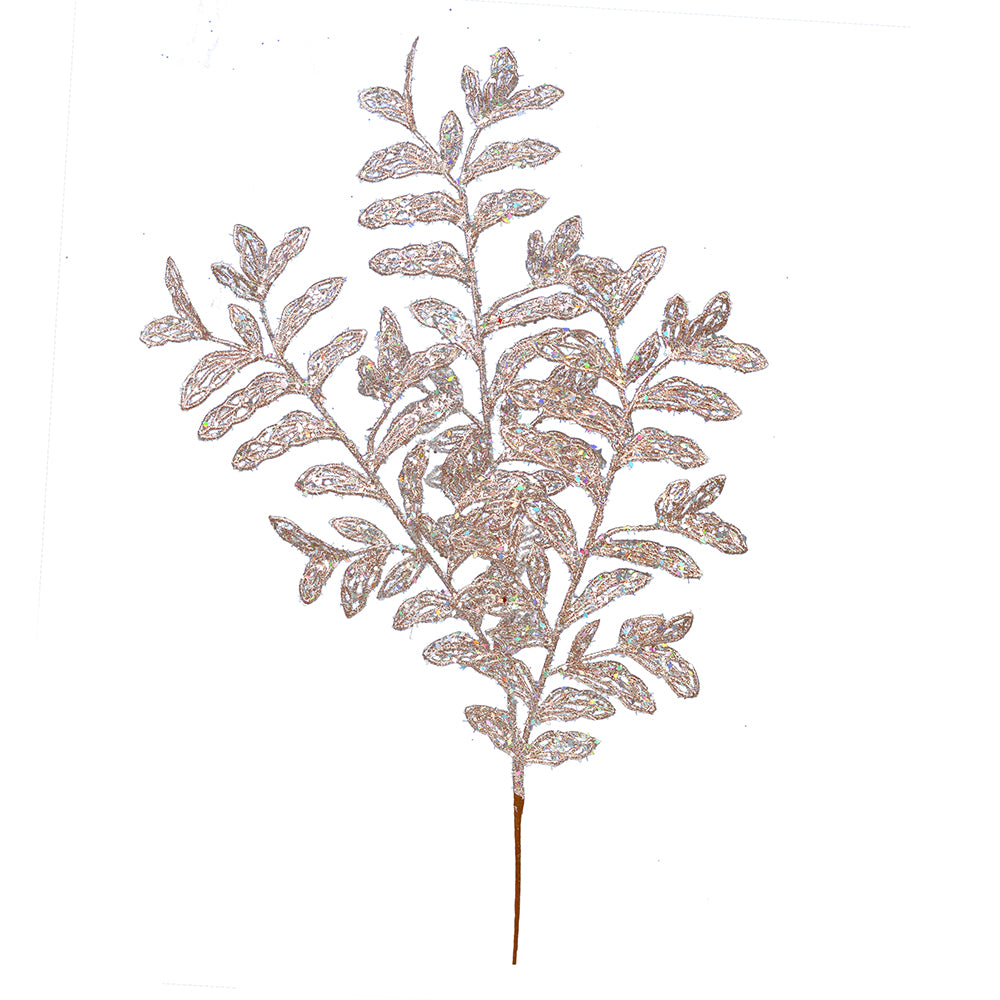 Vickerman 22" Rose Gold Bipinnate Glitter Leaf Artificial Christmas Spray. Includes 12 sprays per pack.
