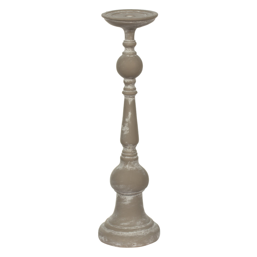 Vickerman 20.8" White Candlestick Polyresin. This candle stick is made of durable polyresin material. It features a modern shape with brushed accents. The candlestick measures 20.75" H x 5.75" W. It best suits a candle that is 3 inches in diameter.