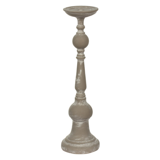 Vickerman 20.8" White Candlestick Polyresin. This candle stick is made of durable polyresin material. It features a modern shape with brushed accents. The candlestick measures 20.75" H x 5.75" W. It best suits a candle that is 3 inches in diameter.