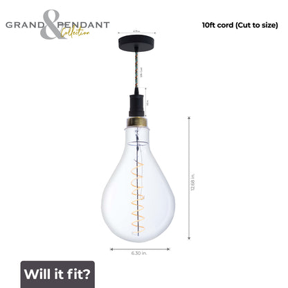 Bulbrite LED Grand Bulb and Pendant Kit of (1) 4 Watt Clear Glass 13" Pear Shaped Bulb and (1) Black Open Socket Pendant on Multicolor Fabric Braided Cord - 2200K (Amber Light)