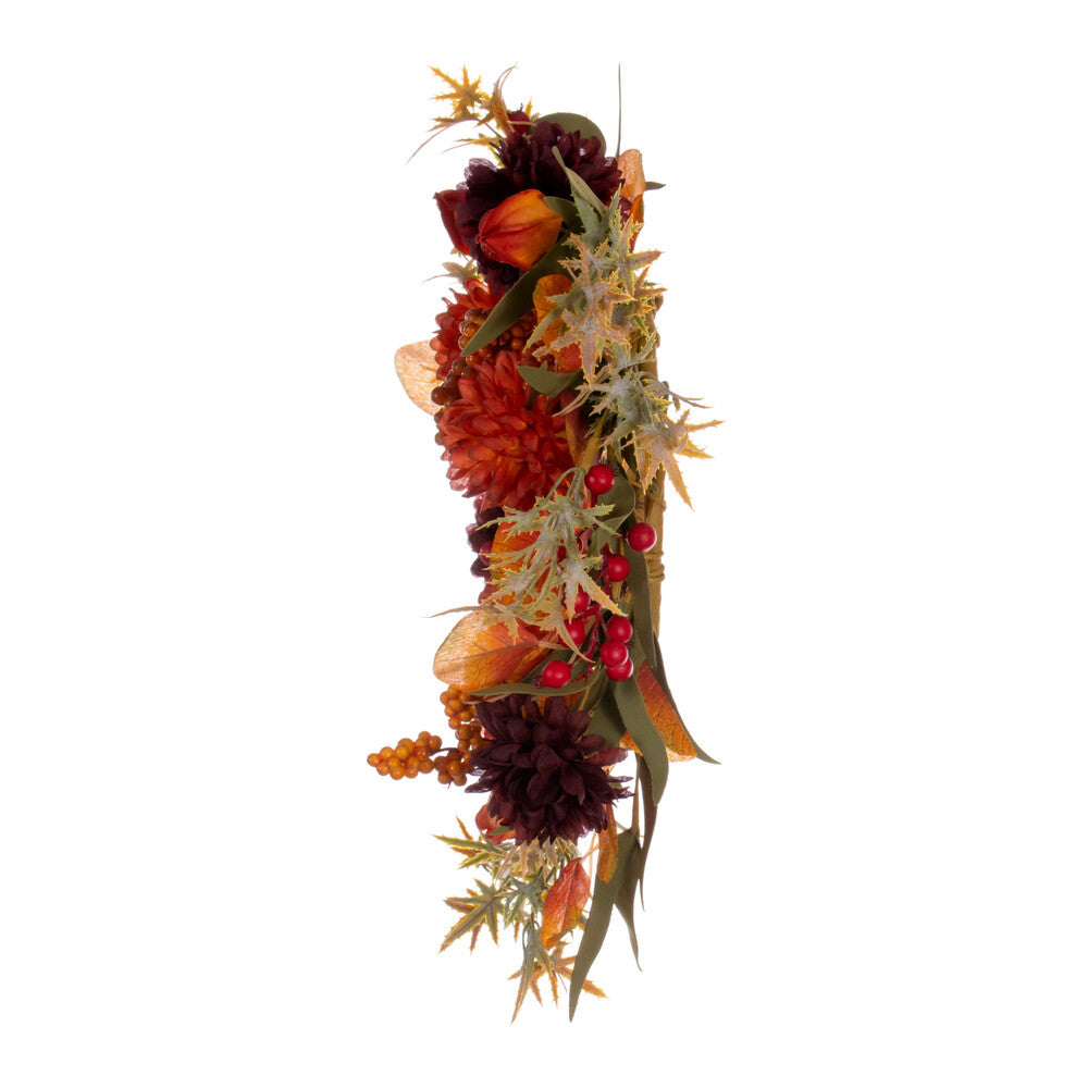 Vickerman 14" Orange and Burgundy Artificial Mixed Mum Chinese Lantern and Berry Wreath Candle Ring.