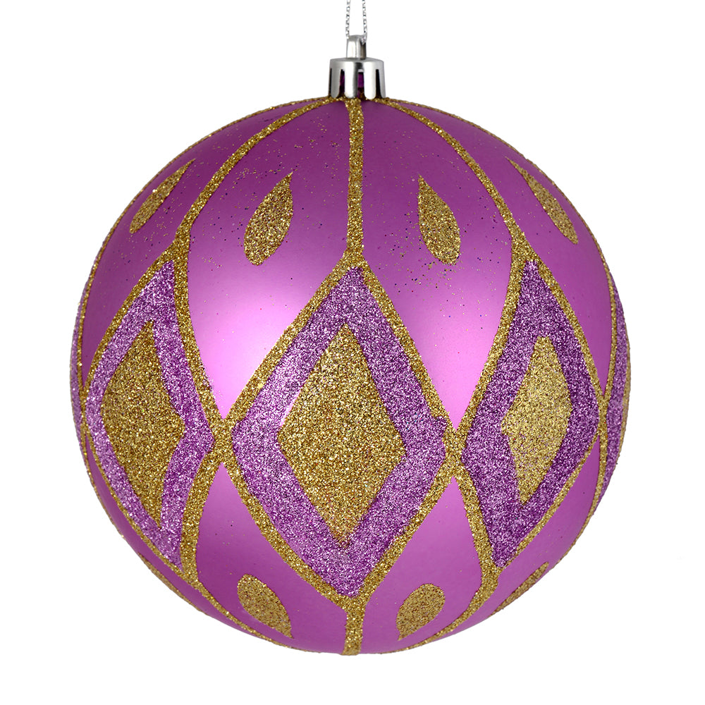 Vickerman 6" Orchid Matte Ball with Glitter Diamond Pattern. Add variety and sparkle to your holiday arrangement with this matte ornament that features a glitter pattern. Includes 3 pieces per bag. Made with shatterproof plastic. Ornament has a drilled ca