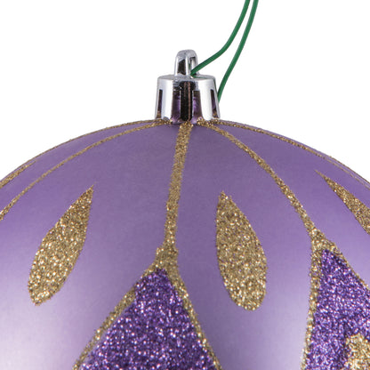 Vickerman 4.75" Lavender Matte Ball with Glitter Diamond Pattern. Add variety and sparkle to your holiday arrangement with this matte ornament that features a glitter pattern. Includes 4 pieces per bag. Made with shatterproof plastic. Ornament has a drill