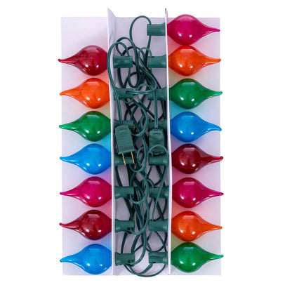 Vickerman 15 lights x 15' Mulitcolor LED G45 Glass Flame Tip light set. 6" spacing on green wire.