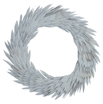 Vickerman Natural Botanicals 24" White Washed Palm Sun Wreath. This wreath measures 24 inches in diameter. It features white washed palm sun leaves on a coco fiber base. This is a dried and preserved natural product.