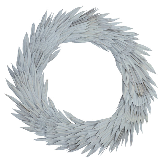 Vickerman Natural Botanicals 24" White Washed Palm Sun Wreath. This wreath measures 24 inches in diameter. It features white washed palm sun leaves on a coco fiber base. This is a dried and preserved natural product.