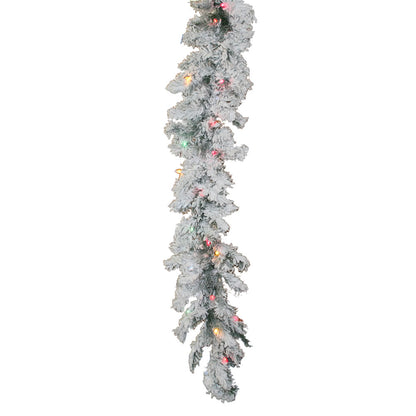 Vickerman 9' x 12" Flocked Alaskan Artificial Christmas Garland 50 Multi-Colored LED Mini Lights.