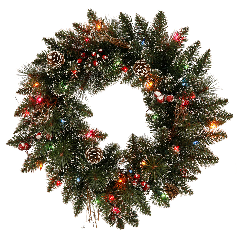 Vickerman 24" Snow Tipped Pine and Berry Artificial Christmas Wreath Multi-colored Dura-lit LED Mini Lights