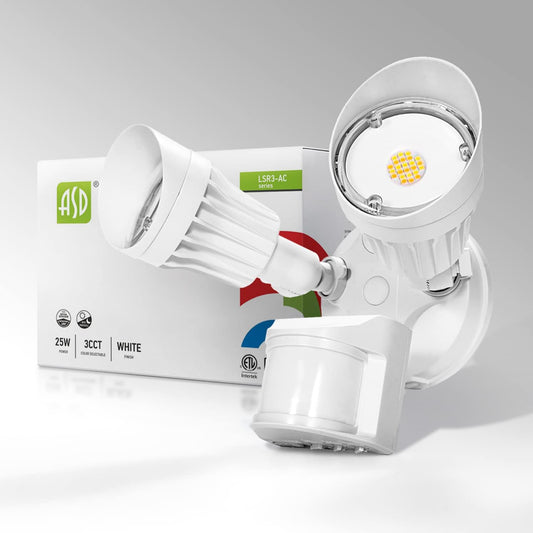 ASD Lighting LED Security Floodlight DOB 2 round heads 25W CCT Selectable 3000/4000/5000K with 180° Motion Sensor and Photocell White ETL