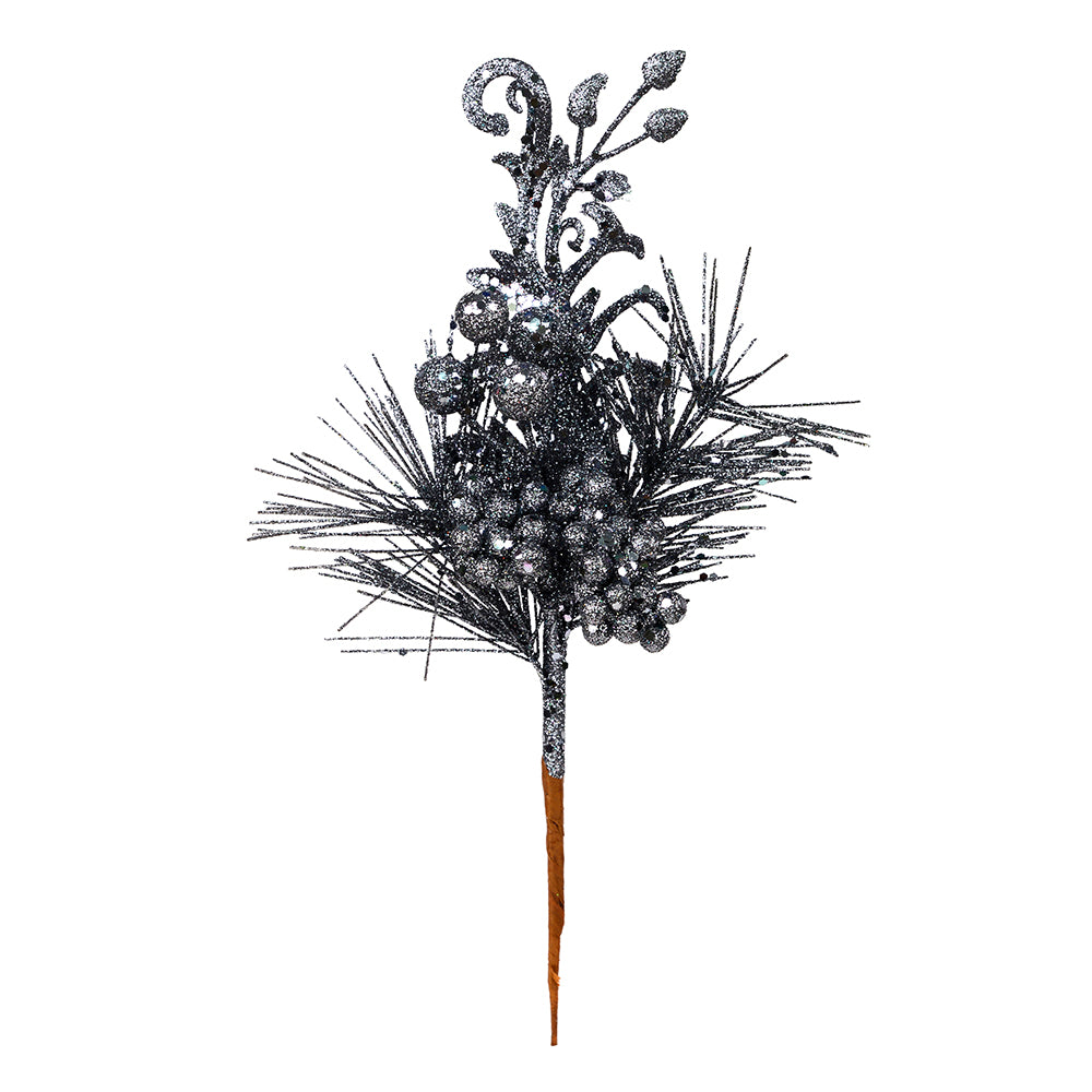 Vickerman 10" Gunmetal Berry Glitter Leaf Artificial Christmas Pick 12 per Bag