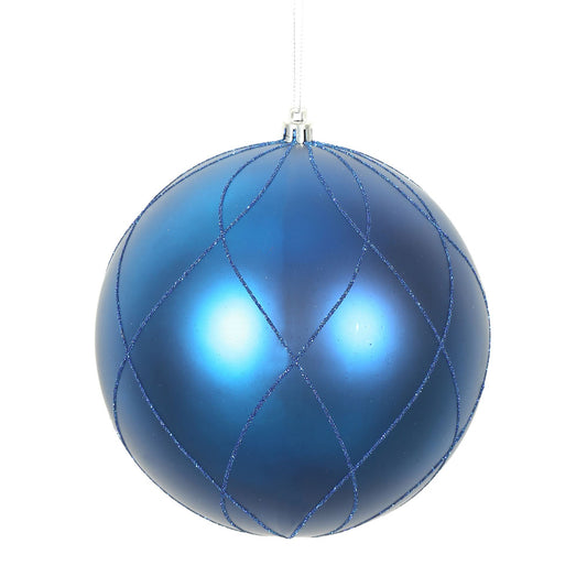 Vickerman 4" Blue Matte and Glitter Swirl Ball Ornament with drilled and wired caps. Comes 4/box.