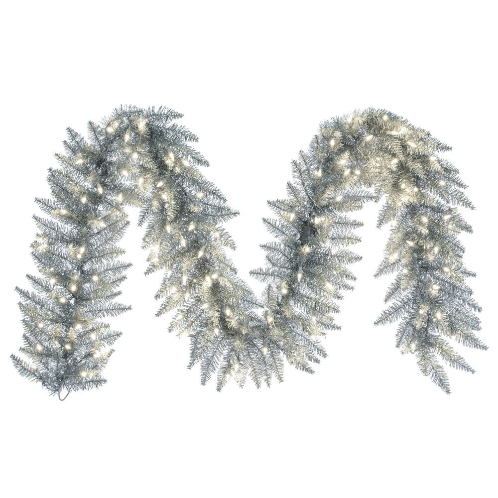 Vickerman 9' Sliver Artificial Christmas Garland Warm White Dura-Lit LED lights.