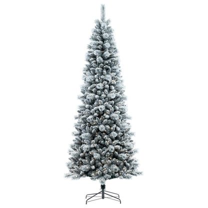 Vickerman 9' x 46" Flocked White Pine Artificial Slim Pre-lit Christmas Tree with 750 Dura-Lit® Warm White LED Mini Lights. It measures 108 inches tall and 46 inches wide, which is considered a slim profile. This tree boasts 1258 tips for a realistic look