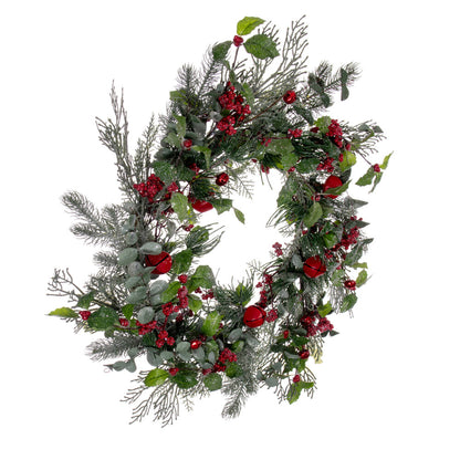 Vickerman 24" Green Artificial Holly Pine and Red Jingle Bell Wreath.