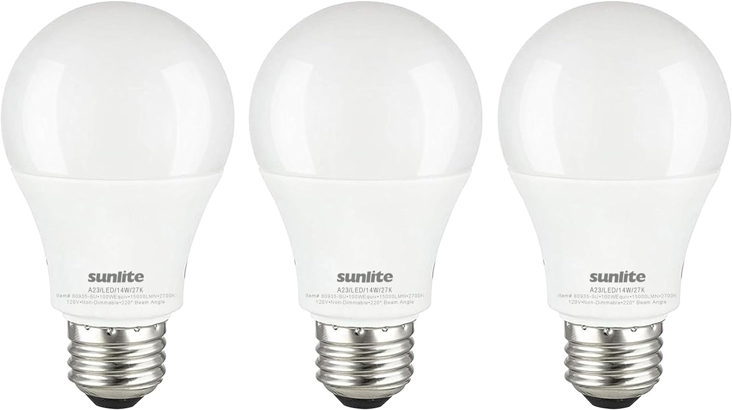 Sunlite 80935 LED A19 Light Bulbs, 14 Watts (100W Equivalent), 1500 Lumens, Medium Base (E26), Non-Dimmable, UL Listed, 2700K – Soft White, 3 Pack